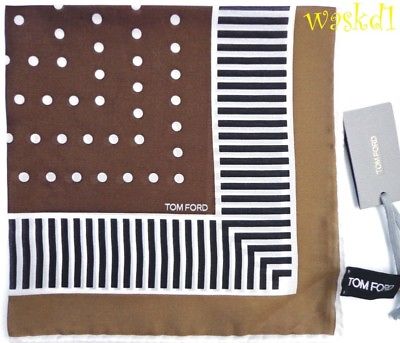 TOM FORD silk batiste KHAKI Pochette STRIPE BORDER Pocket Square NWT Authentic!