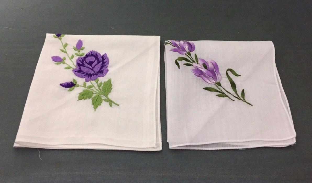 Two Machine Embroidered Handkerchiefs Purple Flowers