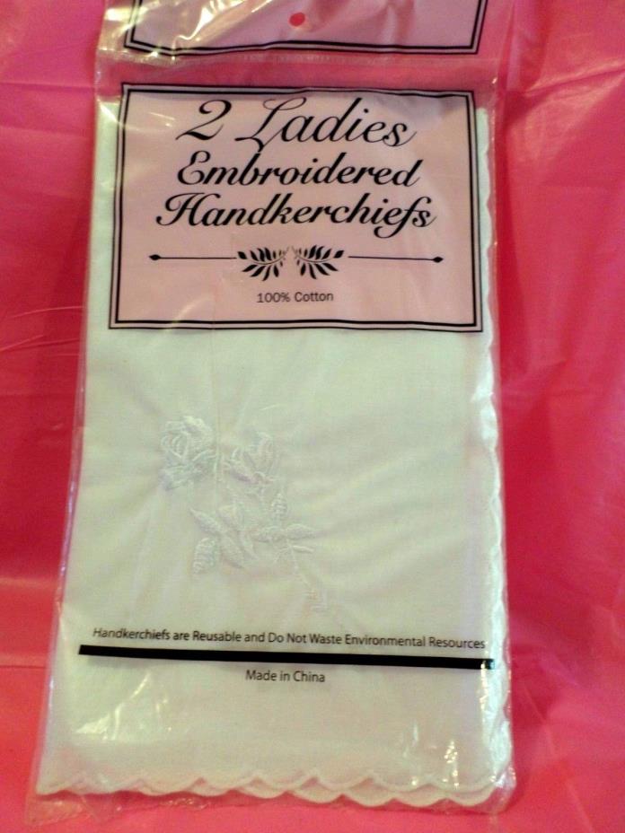 Pair of 2 Ladies Embroidered White Handkerchiefs with a rose pattern