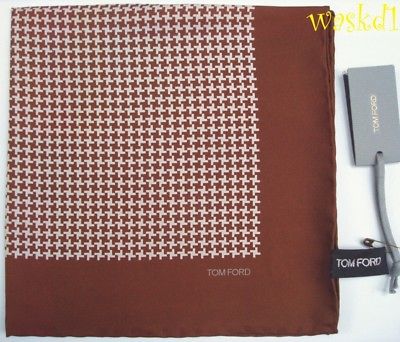 TOM FORD silk twill CHESTNUT Brown Pochette HOUNDSTOOTH Pocket Square NWT Authen
