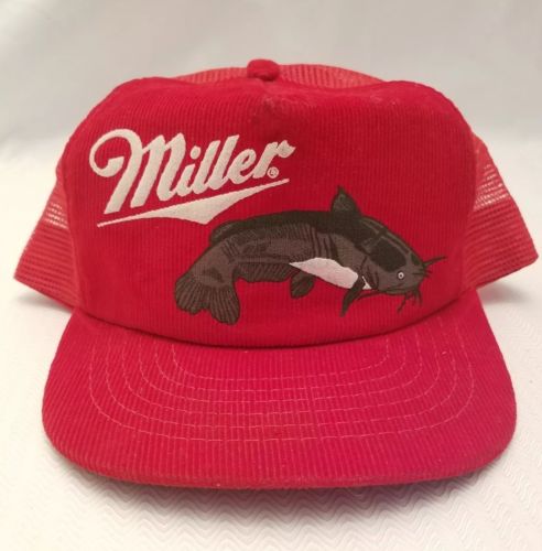 Vintage Red Miller Beer Mesh Corduroy Catfish Fish Fishing Snapback Cap Hat RARE