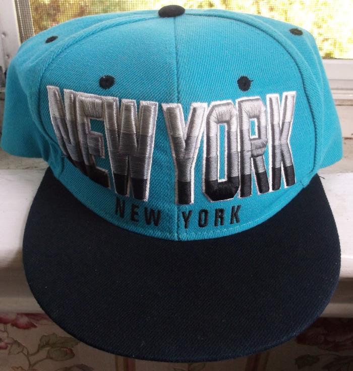New York New York Snapback Hat Flat Brim Turquoise/ Blue