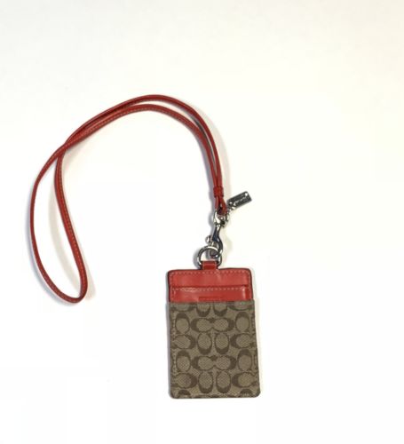 Coach ID Credit Card Neck Laynard Signature C Beige Khaki Red