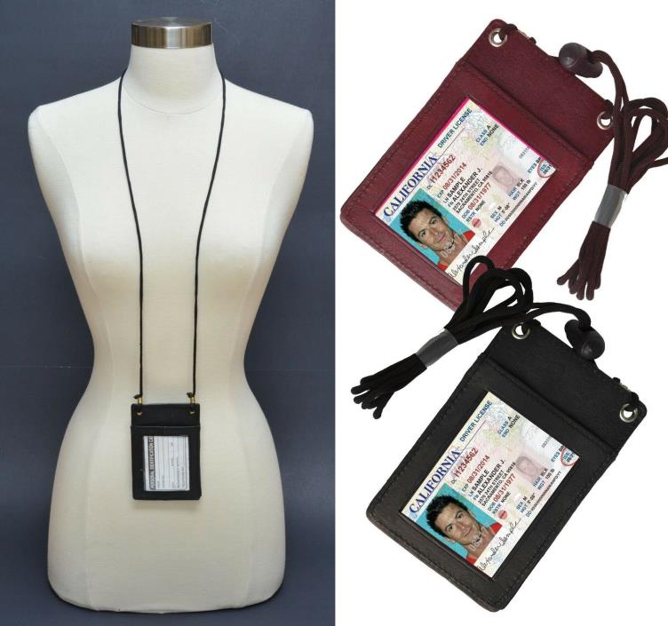 Leather ID Badge Holder Neck Strap Travel Lanyard Card Wallet US SELLER