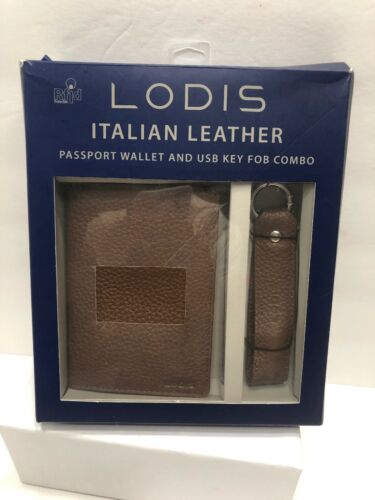 Lodis Logan Brown Italian Leather Passport Wallet USB Key Fob Combo Rfid New