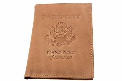 Men Women Passport Cover Genuine Leather Embossed USA ID Holder 6 Card Slots