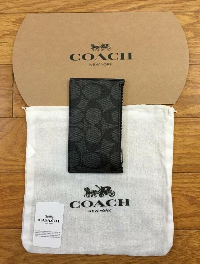 New Coach Men's Signature PVC Zip Card Case Wallet Charcoal Black F32256 $95