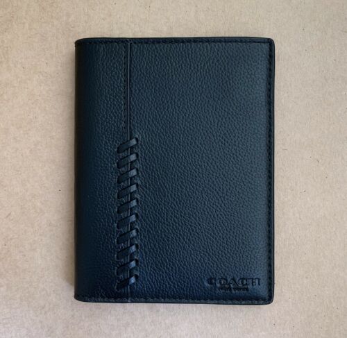 Coach Men Leather Passport Case Wallet Baseball Stitch F22538 Black $150 New