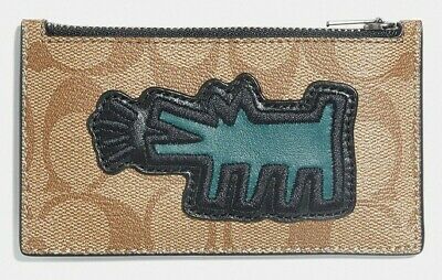 COACH x Keith Haring 'Barking Dog' Signature Canvas Zip Card Case Slim Khaki NWT