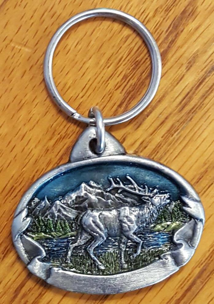 Pewter Elk and Mountains Enamel Background Siskiyou 1984 Key Chain Ring