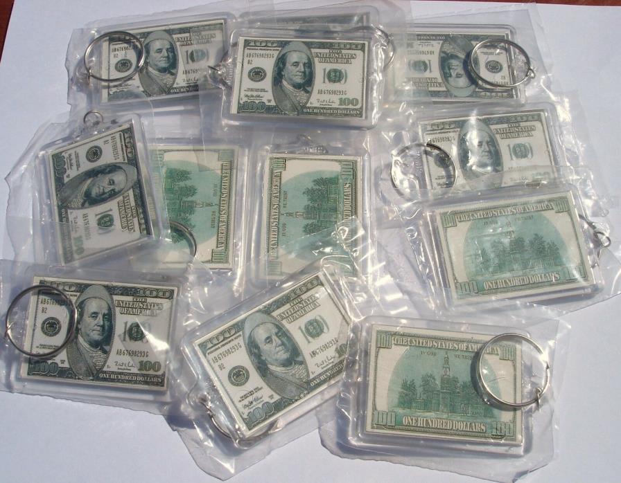 $100 BILL  KEY CHAINS LOT OF 12 KEY CHAINS. CARNIVAL, PARTY FAVORS