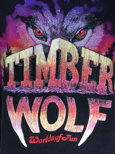 Vtg Roller coaster Tshirt Timber Wolf Worlds Of Fun Wooden 90's Black Tee
