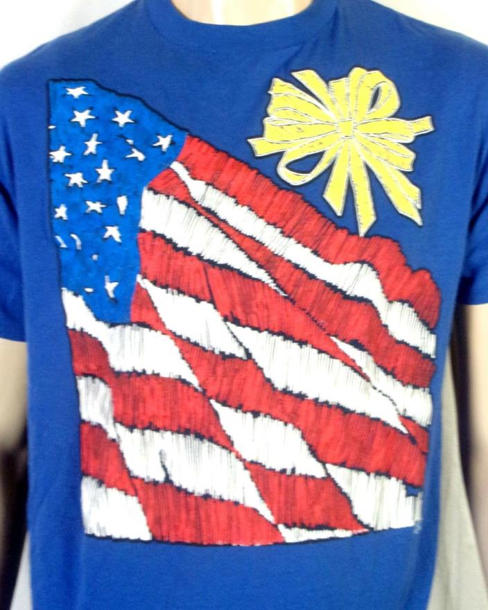 vtg 80s soft thin Retro T-Shirt USA American Flag and a... Yellow Bow? indie M/L