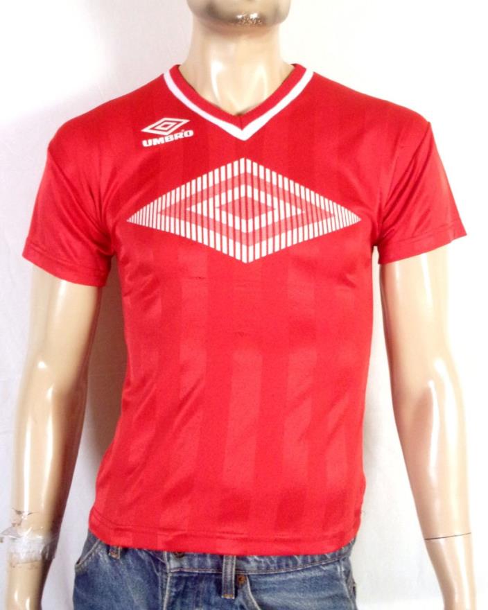 vtg 90s euc Umbro Red White Classic Logo Nylon Glanz Soccer Jersey Shirt USA YL