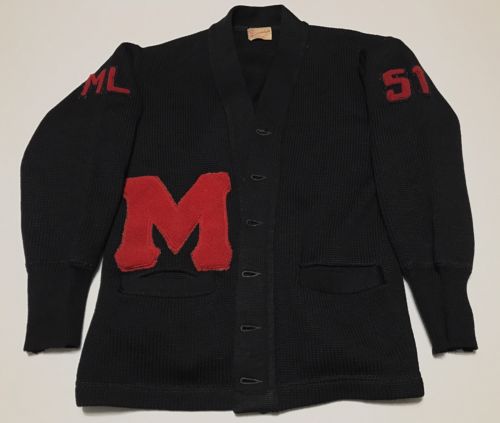 Vintage 1950s 1960s Crochet Varsity Letterman Cardigan Sweater Size M