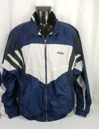 Vtg 90s Adidas Jacket Windbreaker Size Large Blue Black White