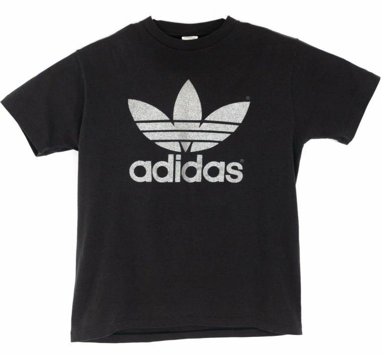 Adidas Mens Large Vtg 80s Single Stitch Silver Glitter Trefoil Black Tshirt Rare