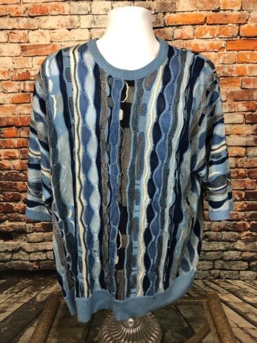 Vintage Coogi Sweater Blue Wild Textured Short Sleeve Rare XXL 2XL Australia
