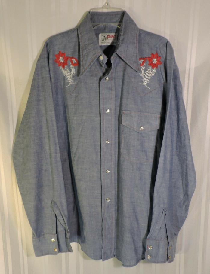 NEW 1960's Men's Bronco Western Shirt Pearl Snap Blue Jean Chambray MED 15 1/2
