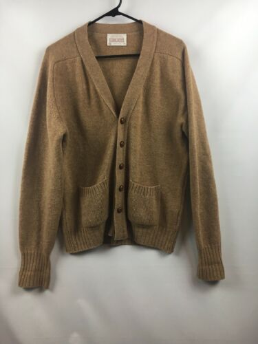LORD JEFF VintageMens Medium Cardigan Sweater Tan USA Wool Grandpa AH