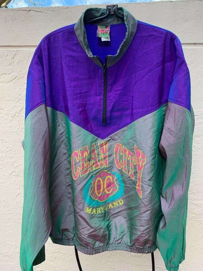 SURF STYLE 90s IRIDESCENT SPELL OUT 1/4 ZIP WINDBREAKER OCEAN CITY MARYLAND O/S