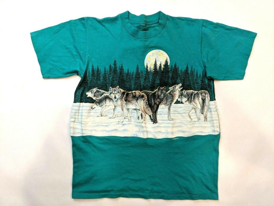 Vintage 1991 Wolf Single Stitch T Shirt Size Medium Habitat Full Moon Graphic