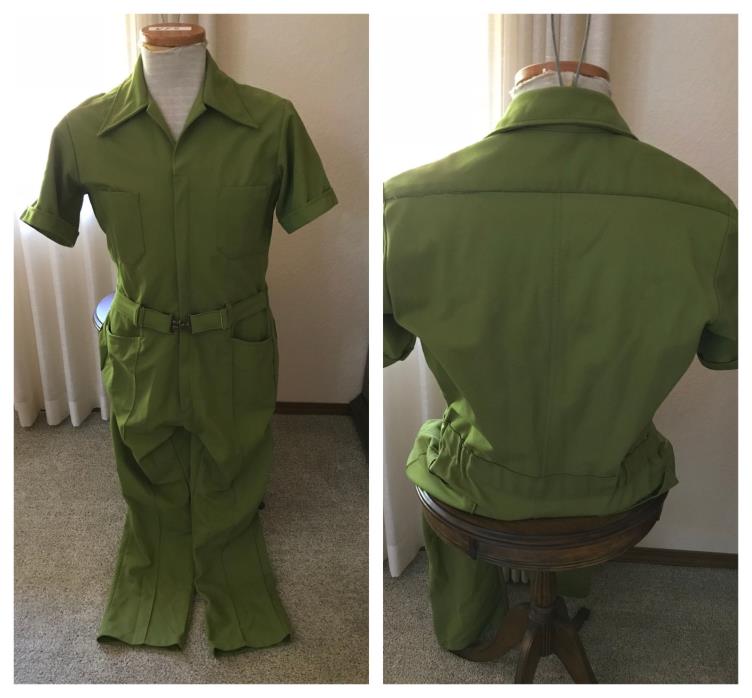 Vintage 1960s men's olive grn textured poly zip up leisure overalls chest 42