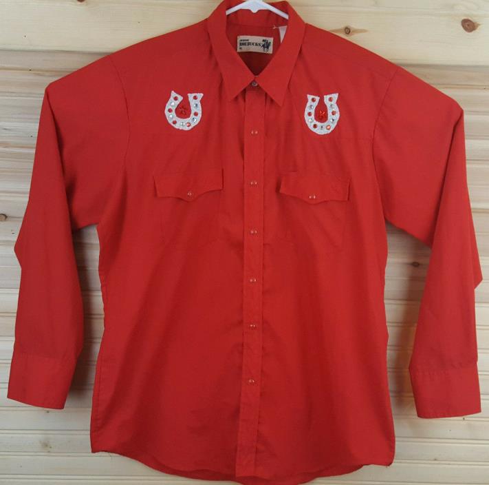 Genuine Roebucks Vintage 70s Men's XL Red Cowboy Western Rhinestones Snap Shirt
