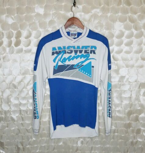 VTG ANSWER Racing Jersey Long sleeve USA Made White Blue Padded Cotton Poly /EB