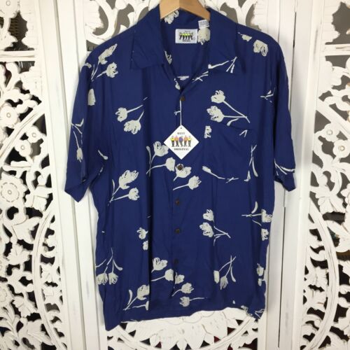 vintage men's BEST ORGINAL Rayon Blue Floral Hawiian Shirt Size Large NWT