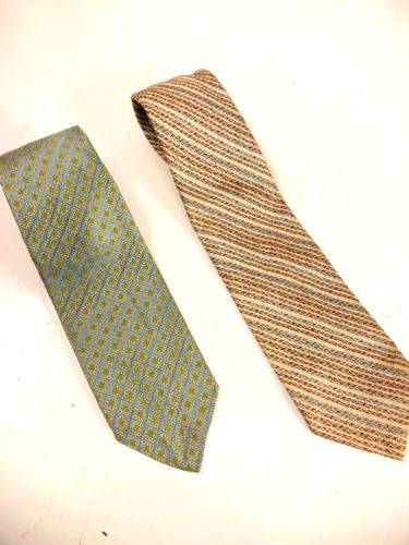 2 Vintage Christian Dior Blue Green Print White Brown Silk Neck Tie 3.5”x56”