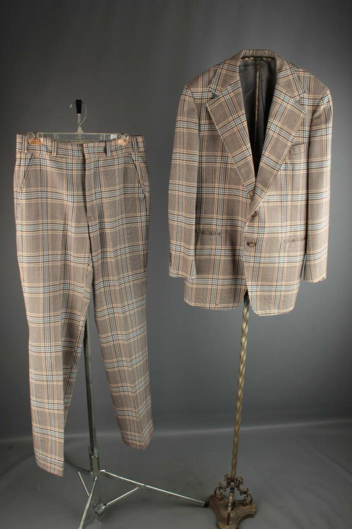 Vtg Men's 1970s Plaid Polyester Leisure Suit Jacket M Pants 32.5x32.5 70s #6390