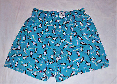 VINTAGE AMERICAN EAGLE MENS SM S/P PENGUIN TURQUOISE BOXERS SLEEP LOUNGE SHORTS