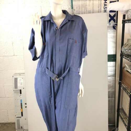VTG '70s Jumpsuit Parasuit Coveralls Blue Chambray Belted Plus Size 50 D12