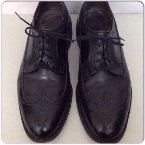 Vintage 60s Black Leather Pebble Grain Wingtip Brogues Shoes Men's 9