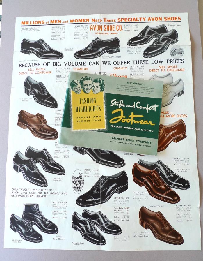 Vintage lot 1930s Huge poster Avon Shoe Co Tanners catalog ties home salesman