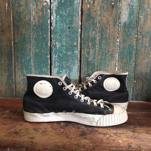 Vintage 1950s Black Canvas Basketball Sneakers High Top Shoes Size 8