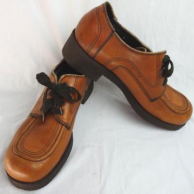 Vintage 1970's Mens Brown Leather Rubber Heel Shoes Lace Tie Casual Retro Sz 10