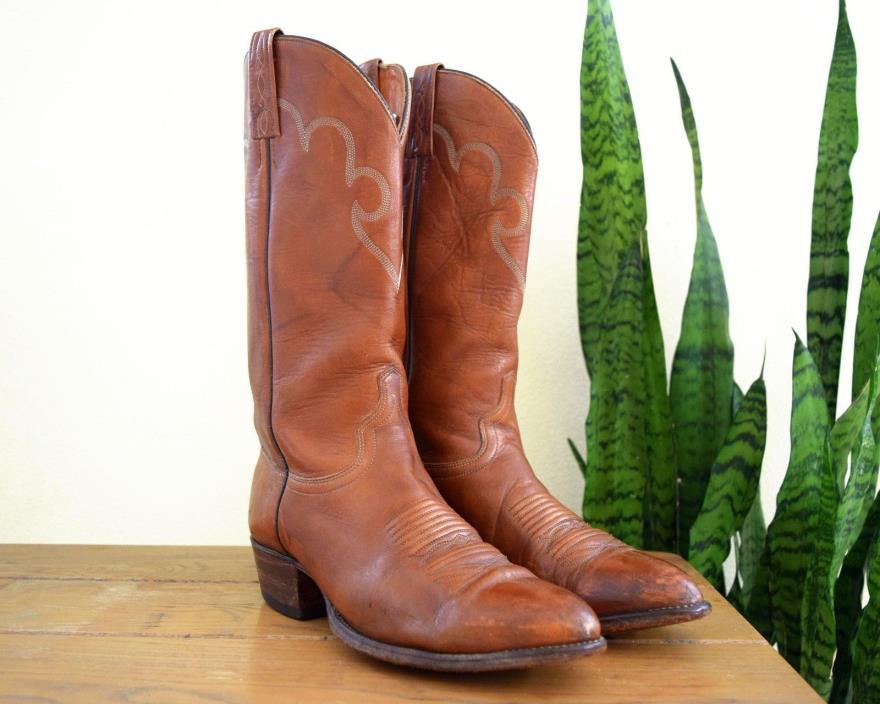 Men's 9 1/2 D J. Chisholm Handcrafted Vintage Brown Leather Cowboy Boots U.S.A.