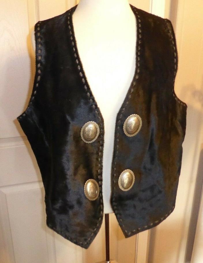 vintage cowhide pony hair fur motorcycle black leather vest conchos