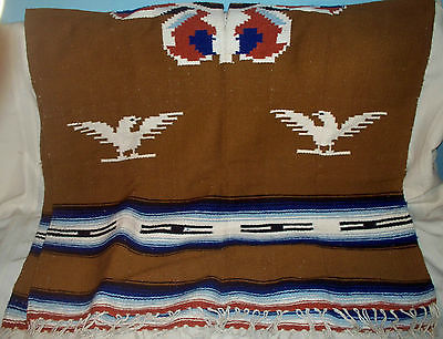 Woven Vintage Poncho with Aztec Birds Stripes design