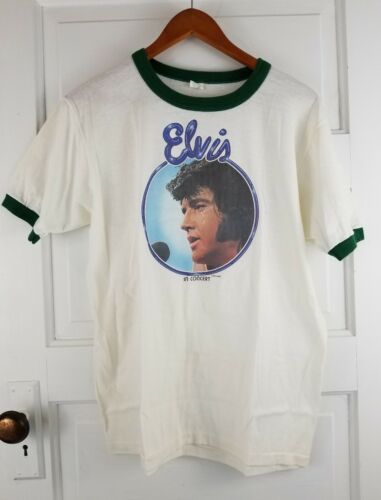 Vintage 70s Elvis In Concert Iron On White Green Ringer T-Shirt Large