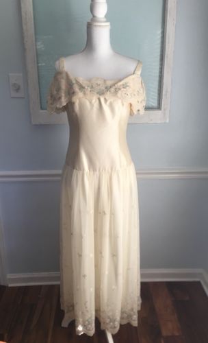 Vintage Lanz RSVP Ivory Pink & Green Embroidered Flowers Sheath Dress