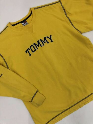 Vintage TOMMY HILFIGER Sz XL Yellow Spell Out Spellout Exposed Stitch Sweatshirt