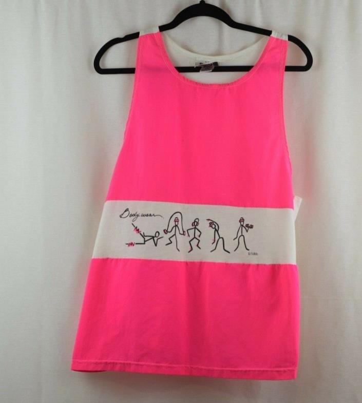 VTG Body Wear By Gitano Neon Pink Graphic Workout Top Crew Neck Sleeveless Sz OS