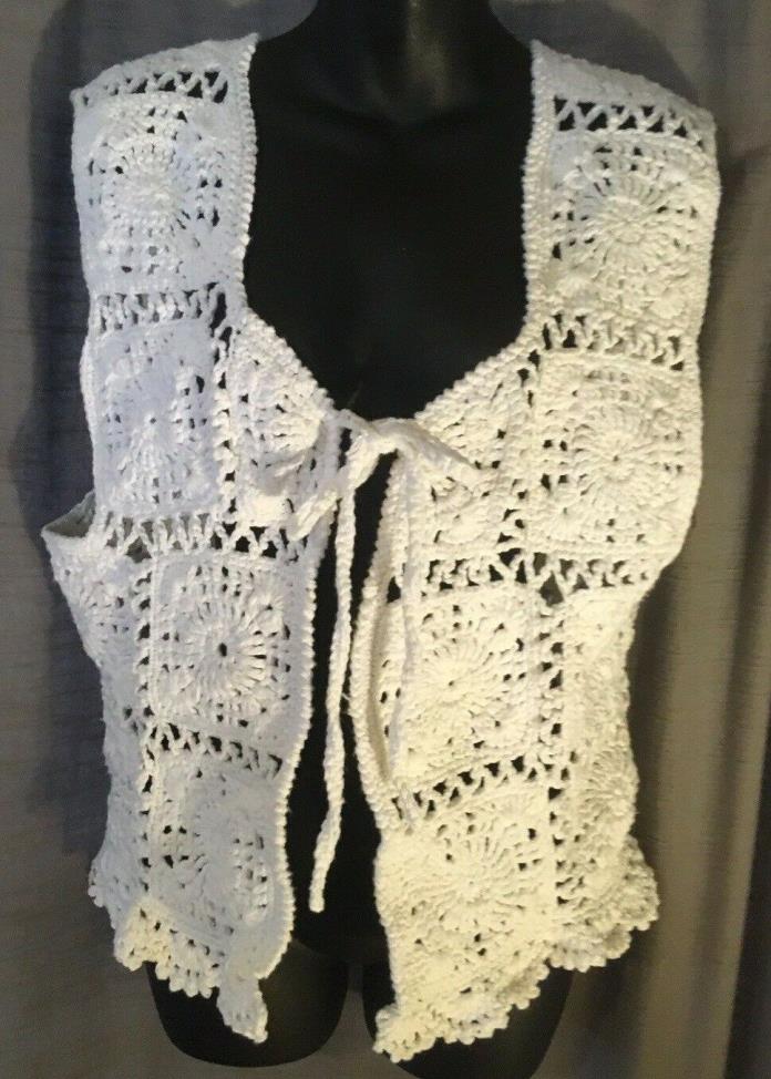 Womens Vintage Granny Square Vest Crochet White Handmade Boho Chic Hippie Large