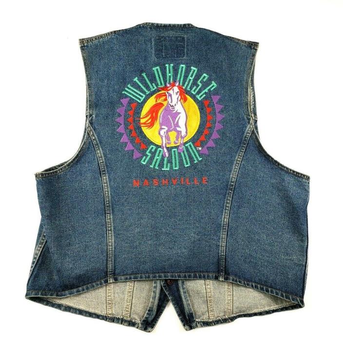 Vintage 1980s Wild Horse Saloon Nashville Denim Vest Embroidered Unisex XL