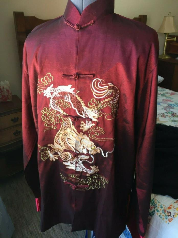 Vintage Asian Embroidered Dragon Smoking Jacket Red Satin XL FAST SHIPPING!