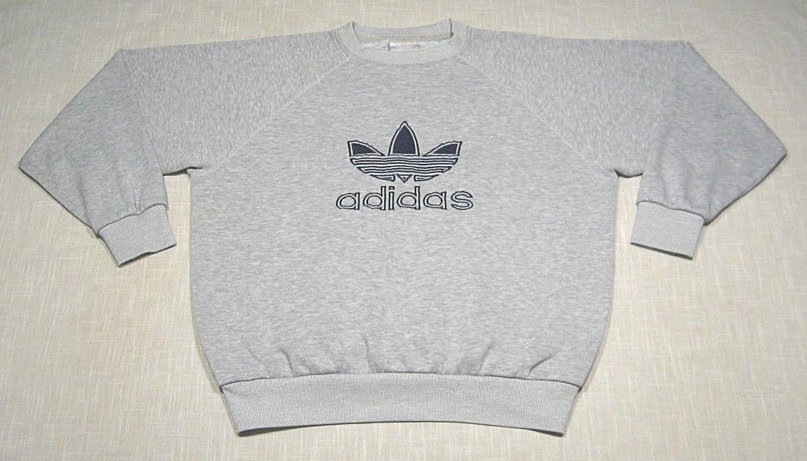 Vtg ADIDAS Crew Neck Trefoil Sweatshirt (80s) Heather Gray SEWN/EMBROIDERED! L