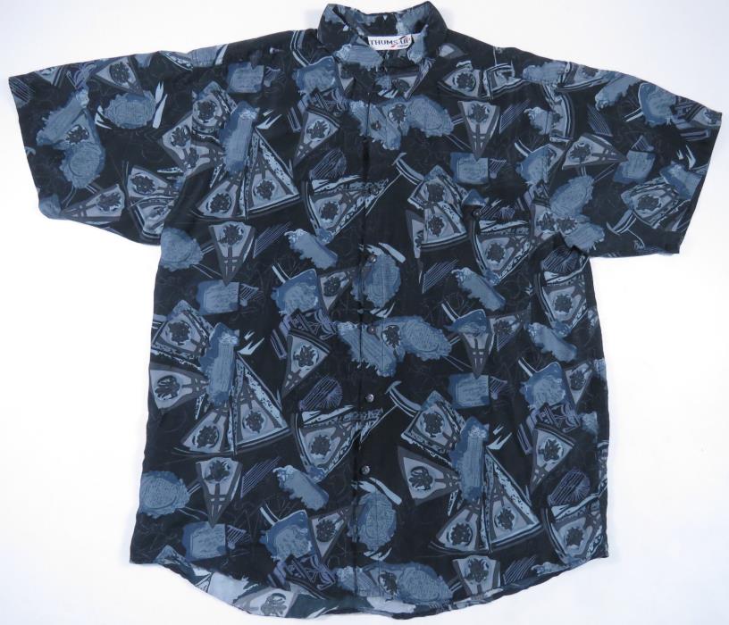 80S 90S ABSTRACT ALL OVER PRINT SILK BUTTON UP SHORT SLEEVE SHIRT VINTAGE MENS M